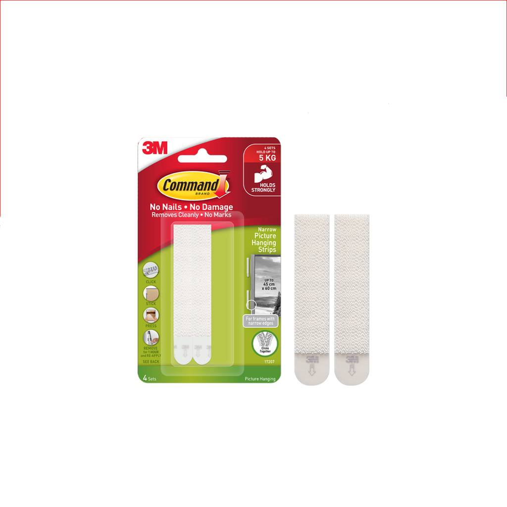 3M™ Command™ Narrow Picture Hanging Strips, 17207, No Surface Damage, Holds Up to 5kg, 4 pcs/pack, For picture hanging