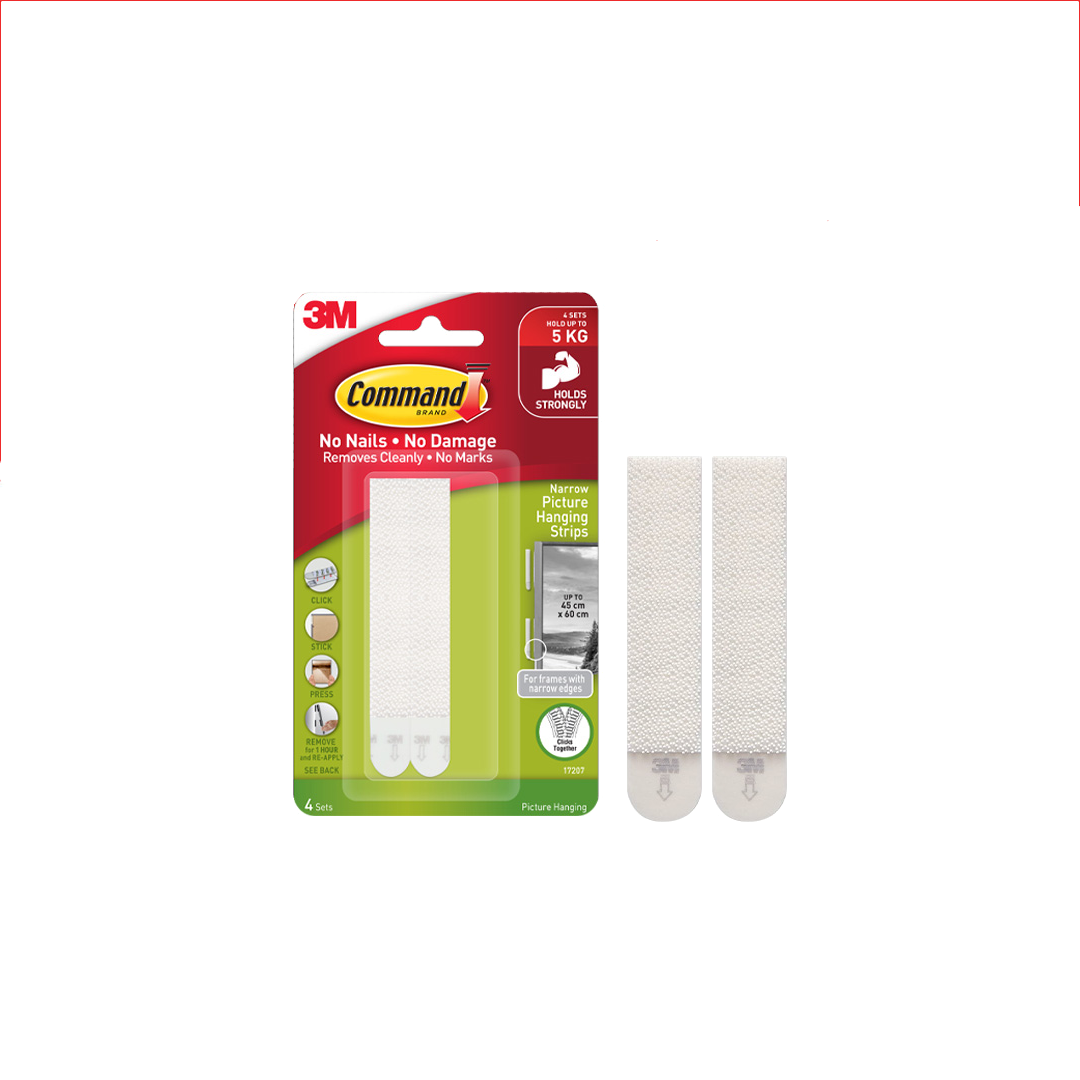 3M™ Command™ Narrow Picture Hanging Strips, 17207, No Surface Damage, Holds Up to 5kg, 4 pcs/pack, For picture hanging