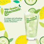 Nestle Cucumber Lemonade with a glass of lemonade, lemons, and cucumbers on a light green background.