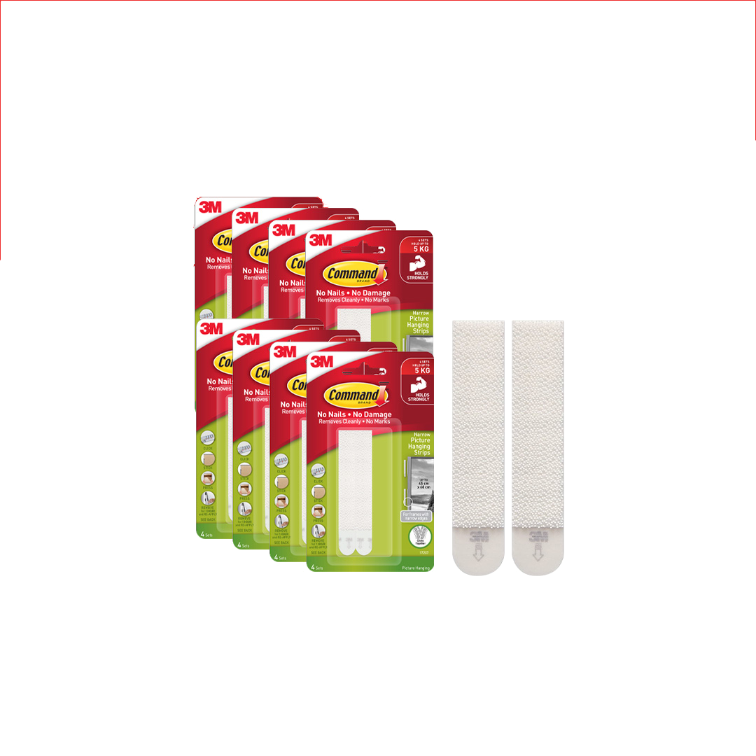 3M™ Command™ Narrow Picture Hanging Strips, 17207, No Surface Damage, Holds Up to 5kg, 4 pcs/pack, For picture hanging