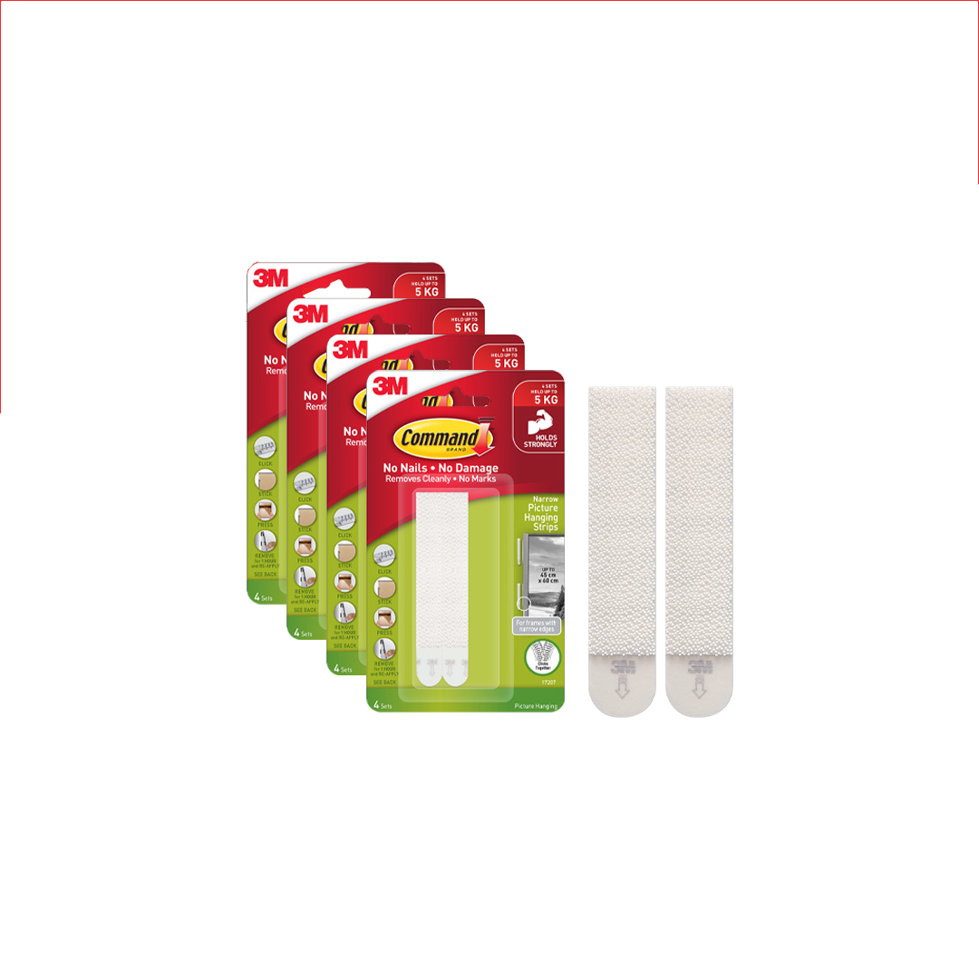 3M™ Command™ Narrow Picture Hanging Strips, 17207, No Surface Damage, Holds Up to 5kg, 4 pcs/pack, For picture hanging