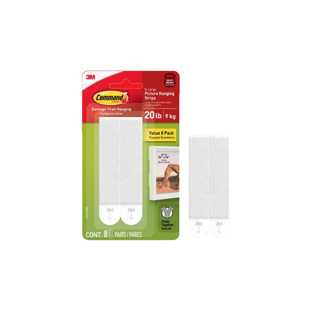 3M™ Command™ X-Large Picture Hanging Strips, 17217-8, No Surface Damage, Holds up to 9Kg, 8 pcs/pack, For decoration
