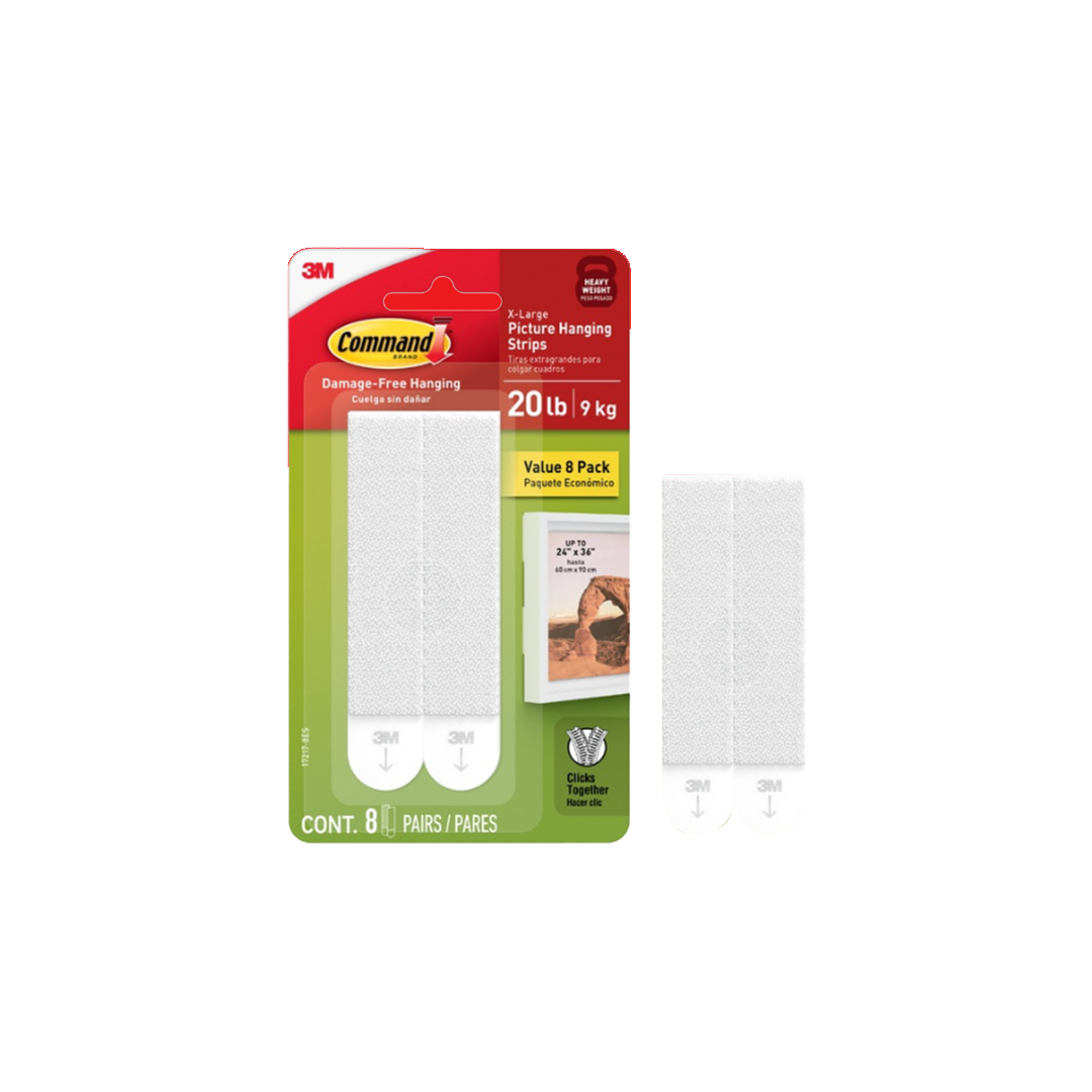 3M™ Command™ X-Large Picture Hanging Strips, 17217-8, No Surface Damage, Holds up to 9Kg, 8 pcs/pack, For decoration