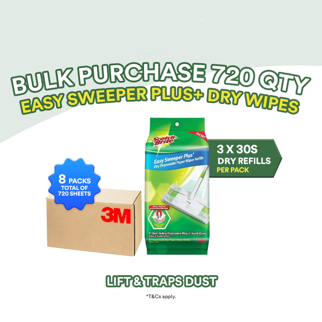 [1 CARTON 720 SHEETS] 3M™ Scotch-Brite™ Easy Sweeper Plus Dry Disposable Paper Wiper Refills, 3x 30 pcs/pack