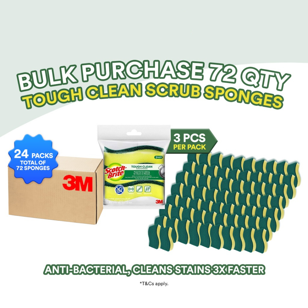 [1 CARTON 72 QTY] 3M™ Scotch-Brite® Heavy Duty 2 in 1 Anti Bacterial Scrub Sponge, 213, 3/Pack, Cleans Tough